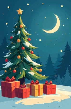 Decorated Christmas tree with wrapped gifts standing in the forest on the snow, starry New Year Eve, the moon is shining.の素材