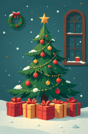 Decorated Christmas tree with wrapped gifts standing in the forest on the snow, starry New Year Eve, the moon is shining.の素材