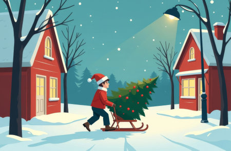 Man is carrying a decorated Christmas tree on sleigh along a snowy street, New Year Eve, it is snowing, houses on the road.の素材