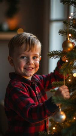 Smiling child decorating glowing Christmas tree, boy holding a New Year decoration ball in his hand.の素材