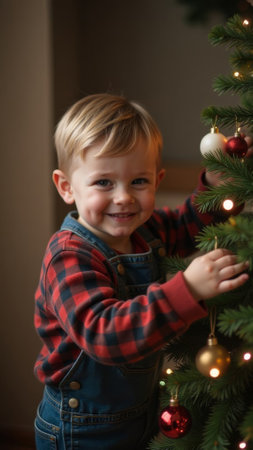 Smiling child decorating glowing Christmas tree, boy holding a New Year decoration ball in his hand.の素材
