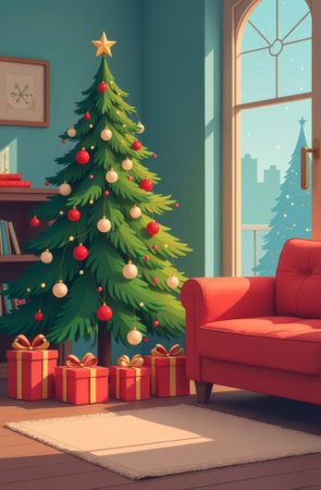 Decorated Christmas tree with wrapped gifts stands in cozy living room, it is snowing outside the window in the background, New Year Eve.の素材