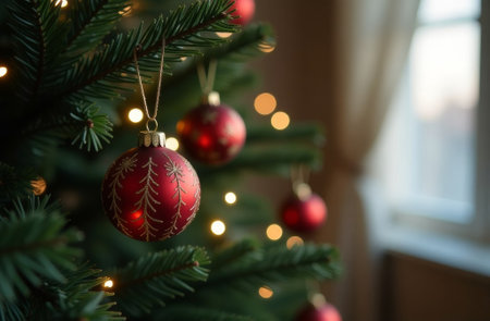 Christmas ball hanging on decorated branch, close-up, free space for text.の素材
