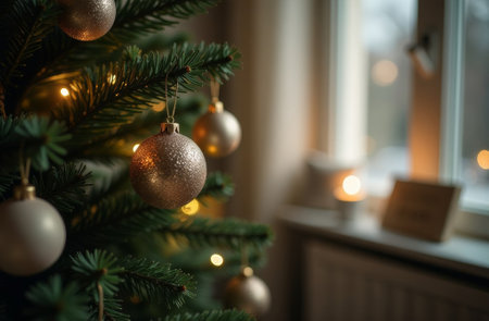 Christmas ball hanging on decorated branch, close-up, free space for text.の素材