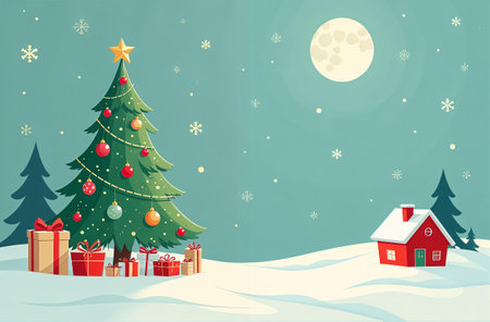 Decorated Christmas tree with wrapped gifts standing in the forest on the snow, New Year Eve, holiday card.の素材