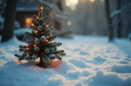 Christmas tree decorated with garlands stands outside in the backyard of the house, New Year snowy night, free space for text.の素材