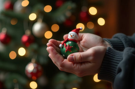 Hands holding toy ball of snowman, decorated Christmas tree in the background, close-up.の素材