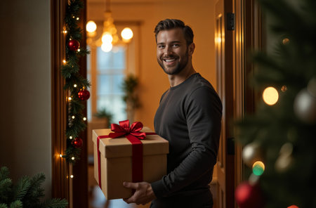 Man smile and carries New Year gift boxes home, a smiling guy walks through a door decorated for Christmas.の素材