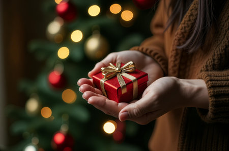 Hands holding present,decorated Christmas tree in the background, close-up.の素材