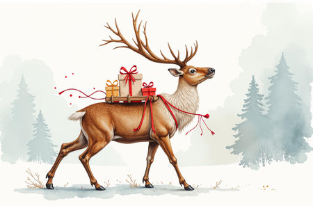 Reindeer carrying New Year gifts, Christmas tree in the background.の素材