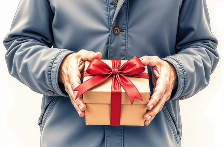 Man holding gift in his hands, close-up of present.の素材