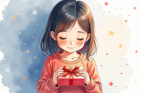 Girl is holding gift in hands, child was given present.の素材