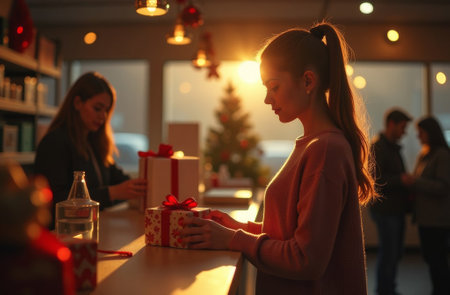Woman buying new year gift in store, Christmas shopping at fair market.の素材