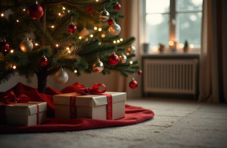 New Year gifts lie on the floor under the Christmas tree, boxes wrapped in paper and ribbons, free space for text.の素材