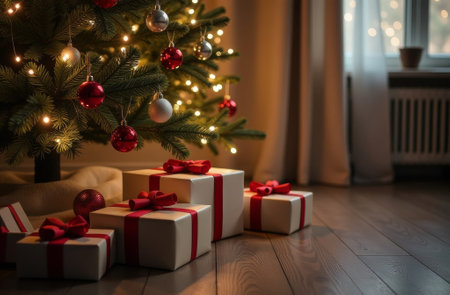 New Year gifts lie on the floor under the Christmas tree, boxes wrapped in paper and ribbons, free space for text.の素材