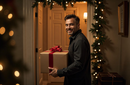 Man smile and carries New Year gift boxes home, a smiling guy walks through a door decorated for Christmas.の素材