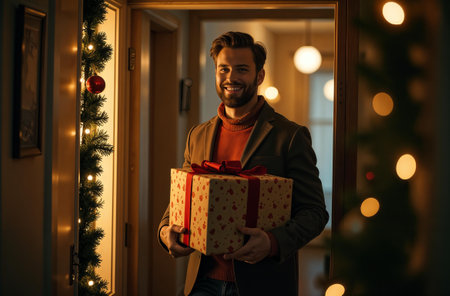 Man smile and carries New Year gift boxes home, a smiling guy walks through a door decorated for Christmas.の素材