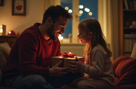 Dad gives New Year gift to daughter, man and girl are sitting in a decorated living room next to the Christmas tree.の素材