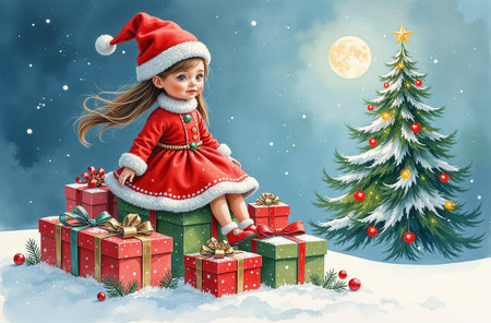 Doll sitting on mountain of New Year gifts, Christmas tree in the background.の素材