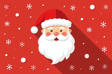 Santa Claus in Red New Year Hat, Christmas Card with White Snowflakes, Illustration on Red Background.の素材