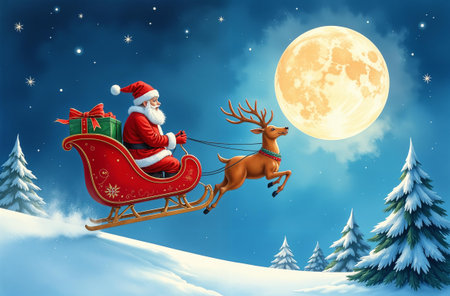 Santa Claus flying on forest reindeer sleigh, Christmas night moon.の素材