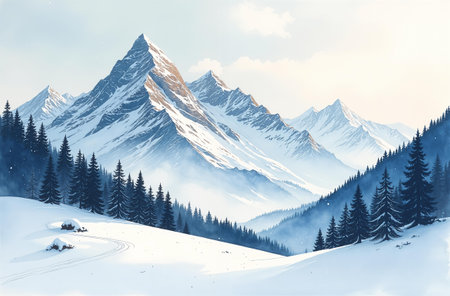 Winter forest landscape, the sun is shining, mountains, trees are standing in the snow.の素材