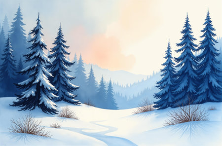 Winter forest landscape, the sun is shining, trees are standing in the snow.の素材