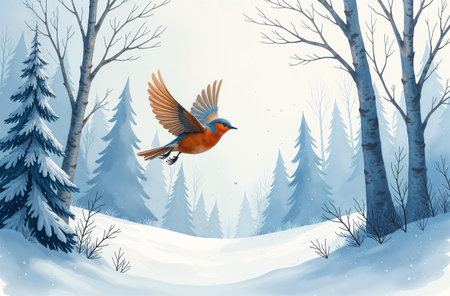 Winter forest landscape, the sun is shining, bird is flying, trees are standing in the snow.の素材