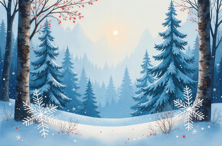 Winter forest landscape, the sun is shining, trees are standing in the snow.の素材