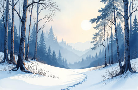 Winter forest landscape, the sun is shining, trees are standing in the snow.の素材