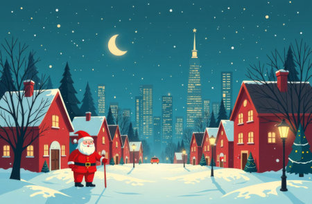 The city is in winter, it is snowing, people are standing on the street, Christmas trees in the snow, New Year snowfall.の素材