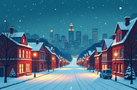 The city is in winter, it is snowing, people are standing on the street, Christmas trees in the snow, New Year snowfall.の素材