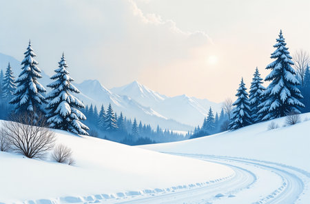 Winter forest landscape, the sun is shining, trees are standing in the snow.の素材