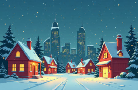 The city is in winter, it is snowing, people are standing on the street, Christmas trees in the snow, New Year snowfall.の素材