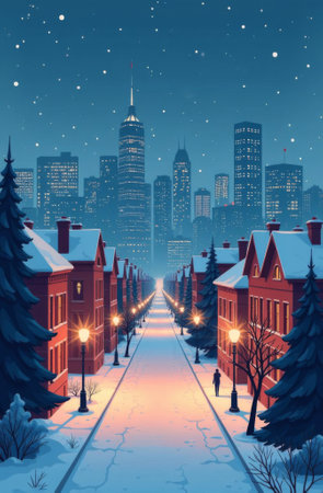 The city is in winter, it is snowing, people are standing on the street, Christmas trees in the snow, New Year snowfall.の素材