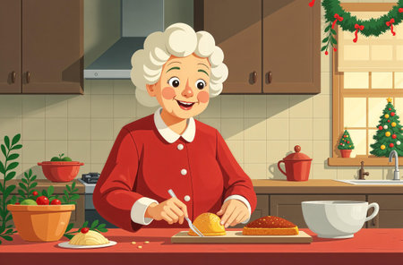 Old woman cooking dinner in kitchen, sun shining through the window, food on table.の素材