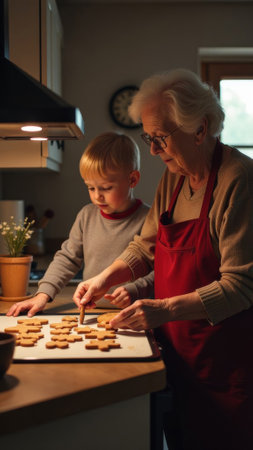 Grandmother with grandson cooking traditional gingerbread cookies in the oven for the holiday, kitchen in the house.の素材