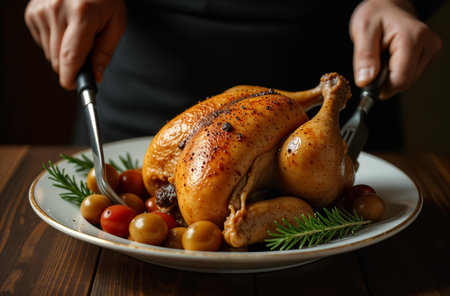 Whole fried chicken on a plate, people cutting a holiday turkey dish.の素材