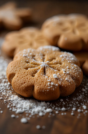 Gingerbread Cookies Lying On Wooden Table, Christmas bakery.の素材