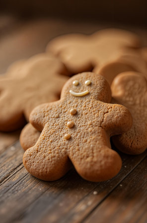 Gingerbread Cookies Lying On Wooden Table, Christmas bakery.の素材