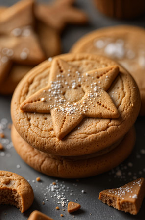 Gingerbread Cookies Lying On Wooden Table, Christmas bakery.の素材
