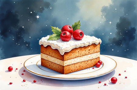 Christmas bakery standing on snow table, New Year cake on the background of the forest.の素材