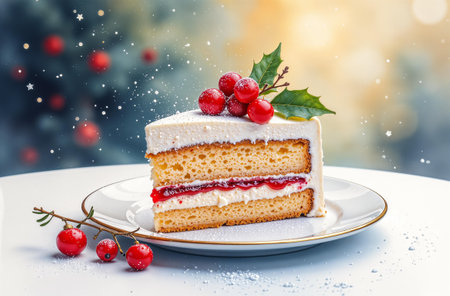 Christmas bakery standing on snow table, New Year cake on the background of the forest.の素材