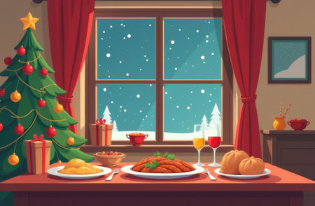 Christmas dinner, plate of food on the table, a decorated Christmas tree in the background.の素材