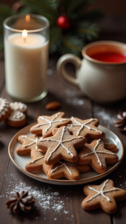 Gingerbread Cookies Lying On Wooden Table, Christmas bakery.の素材