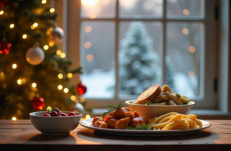 Christmas dinner, plate of food on the table, a decorated Christmas tree in the background.の素材