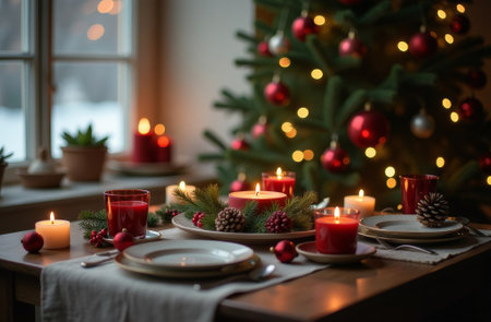Christmas dinner, plate of food on the table, a decorated Christmas tree in the background.の素材