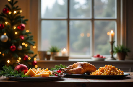 Christmas dinner, plate of food on the table, a decorated Christmas tree in the background.の素材