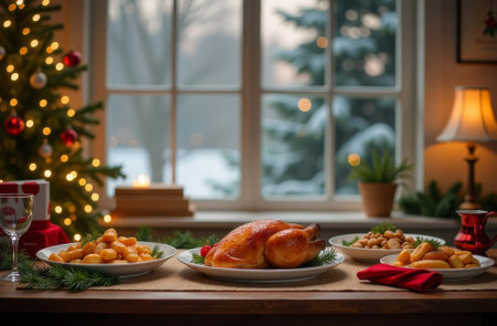 Christmas dinner, plate of food on the table, a decorated Christmas tree in the background.の素材