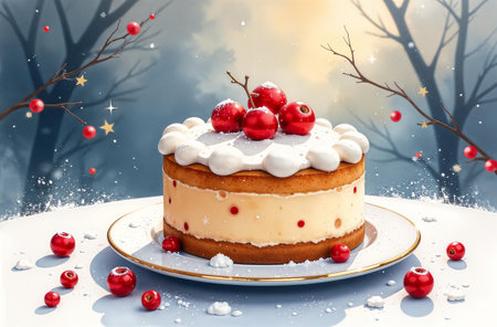 Christmas bakery standing on snow table, New Year cake on the background of the forest.の素材